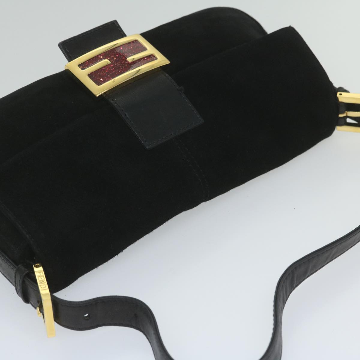 FENDI Mamma Baguette Shoulder Bag Suede Black 2813 26424 009am5239
