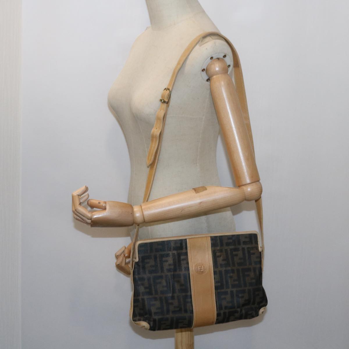 FENDI Zucca Canvas Shoulder Bag Black Brownam5406