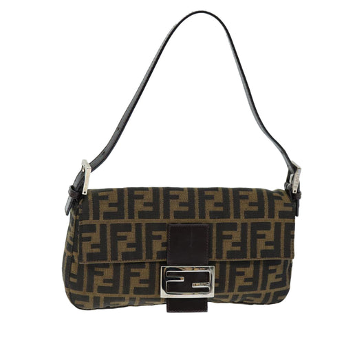 FENDI Zucchino Canvas Mamma Baguette Shoulder Bag Black Brownam6286A