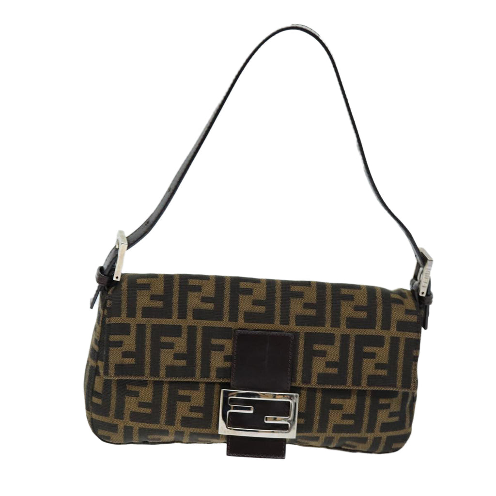 FENDI Zucchino Canvas Mamma Baguette Shoulder Bag Black Brownam6286A