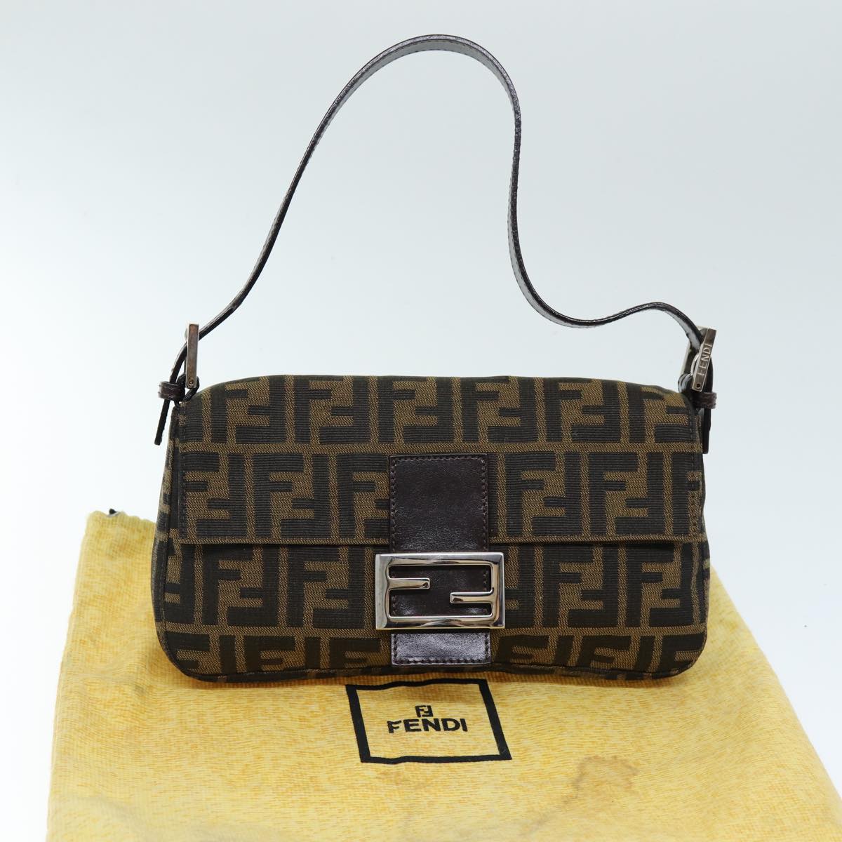 FENDI Zucchino Canvas Mamma Baguette Shoulder Bag Black Brownam6286A