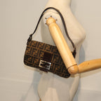 FENDI Zucchino Canvas Mamma Baguette Shoulder Bag Black Brownam6286A