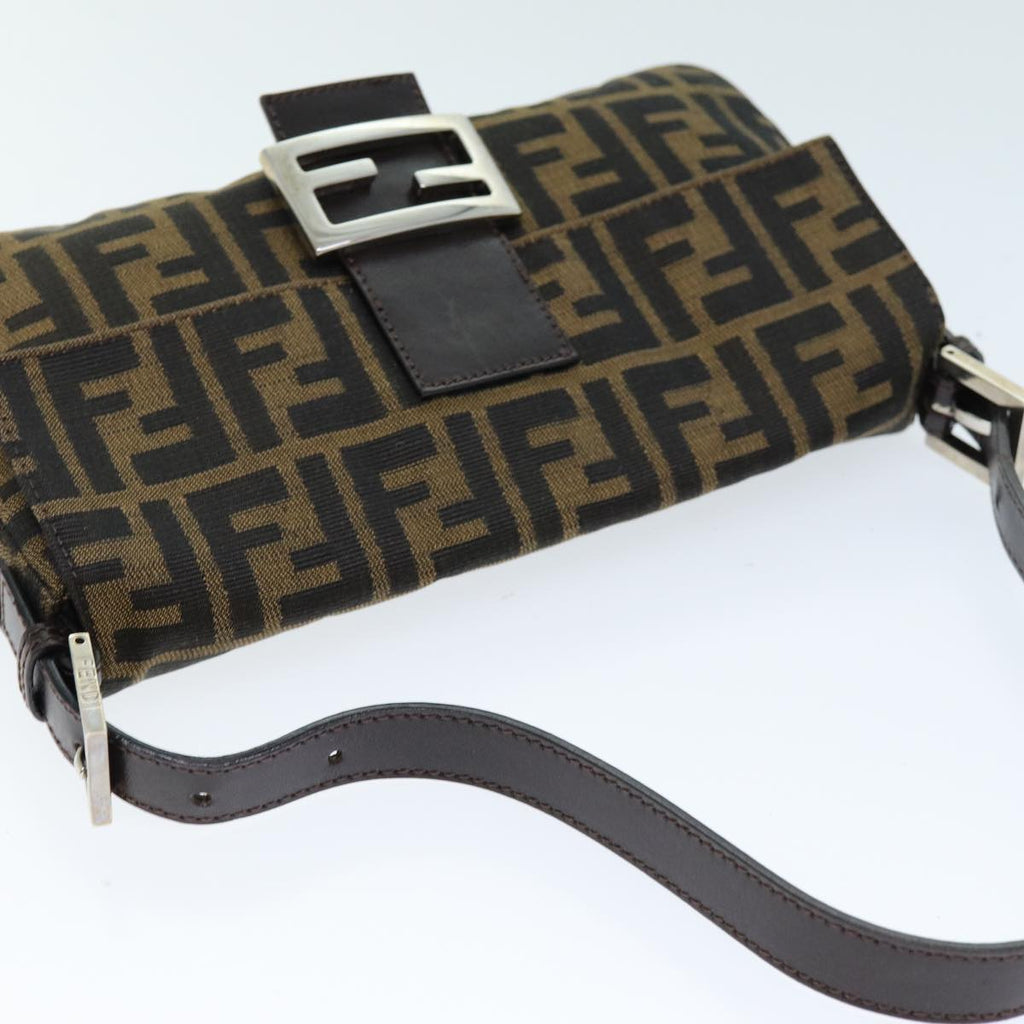 FENDI Zucchino Canvas Mamma Baguette Shoulder Bag Black Brownam6286A