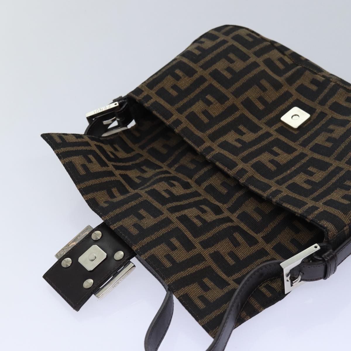 FENDI Zucca Canvas Mamma Baguette Shoulder Bag Black Brownam6402A