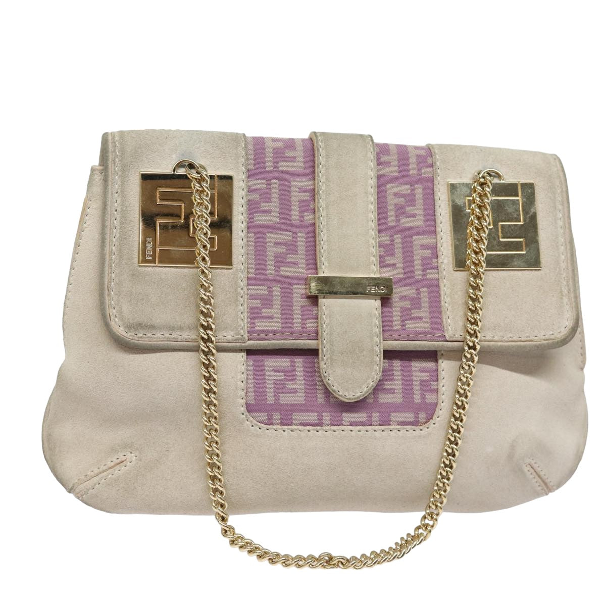 FENDI Zucchino Canvas Chain Hand Bag Suede Purpleam6453