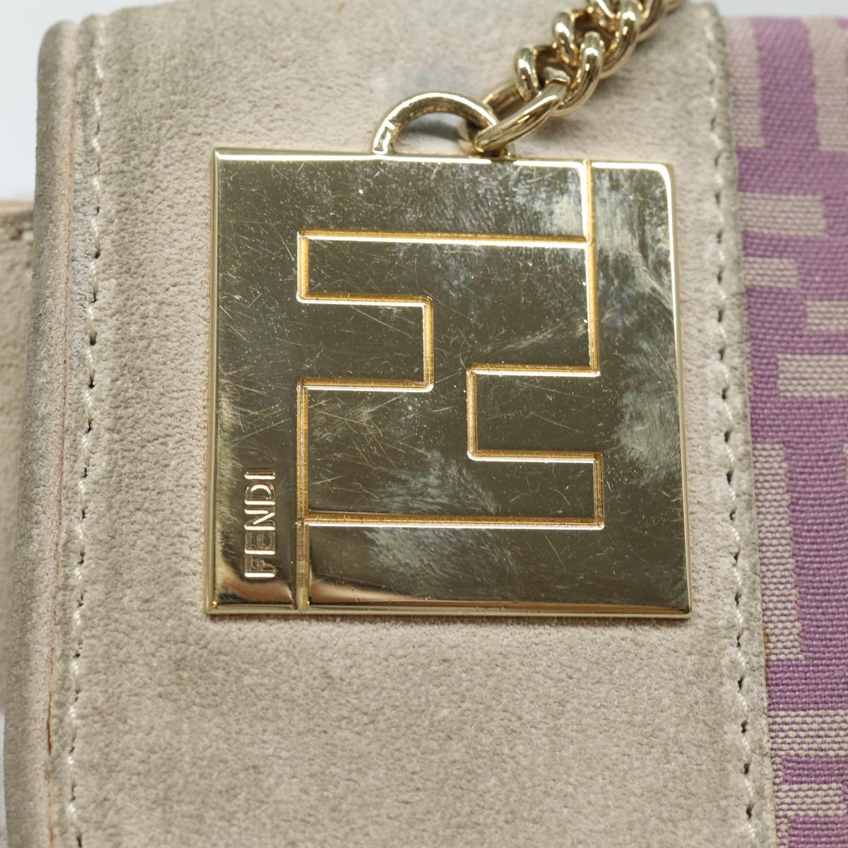 FENDI Zucchino Canvas Chain Hand Bag Suede Purpleam6453