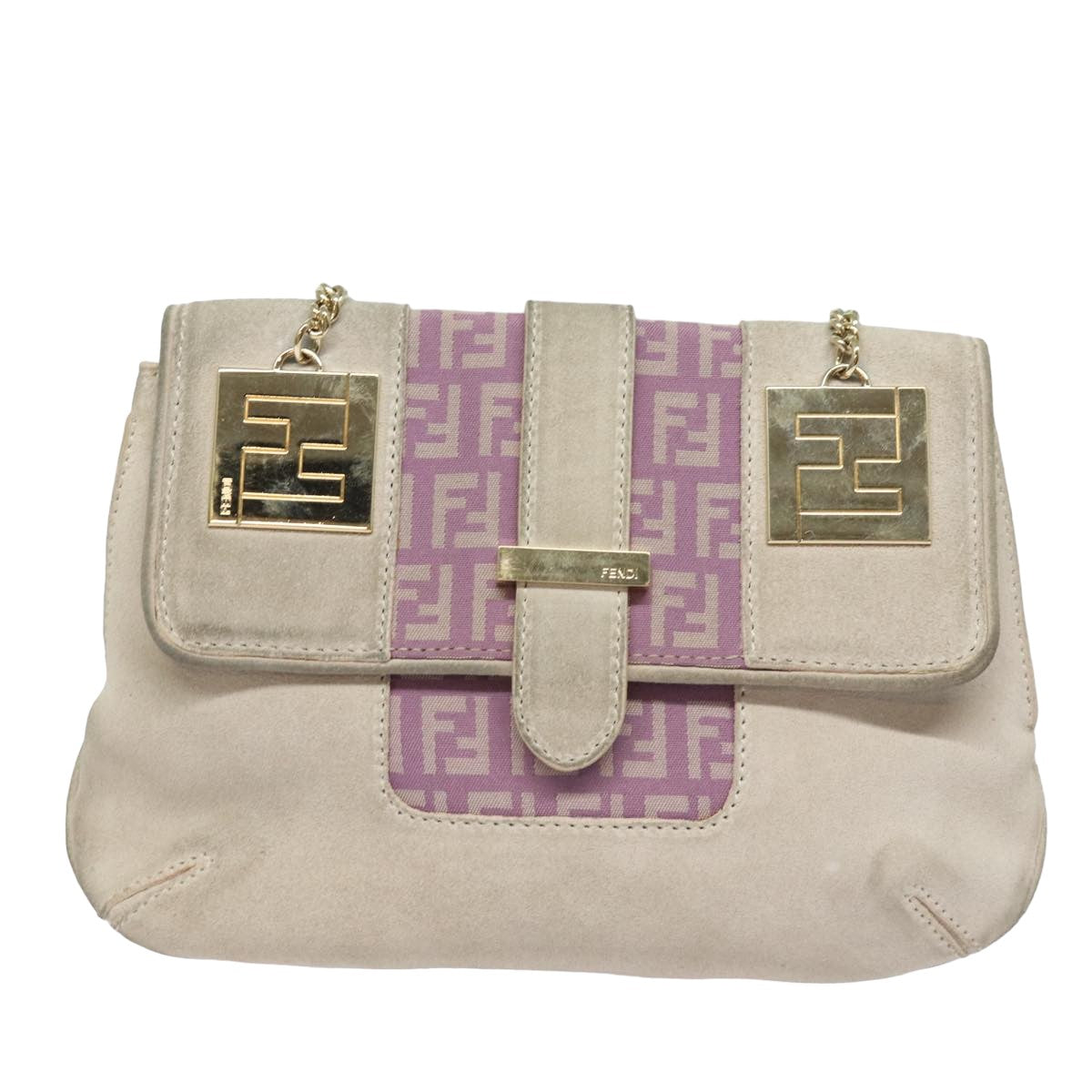 FENDI Zucchino Canvas Chain Hand Bag Suede Purpleam6453