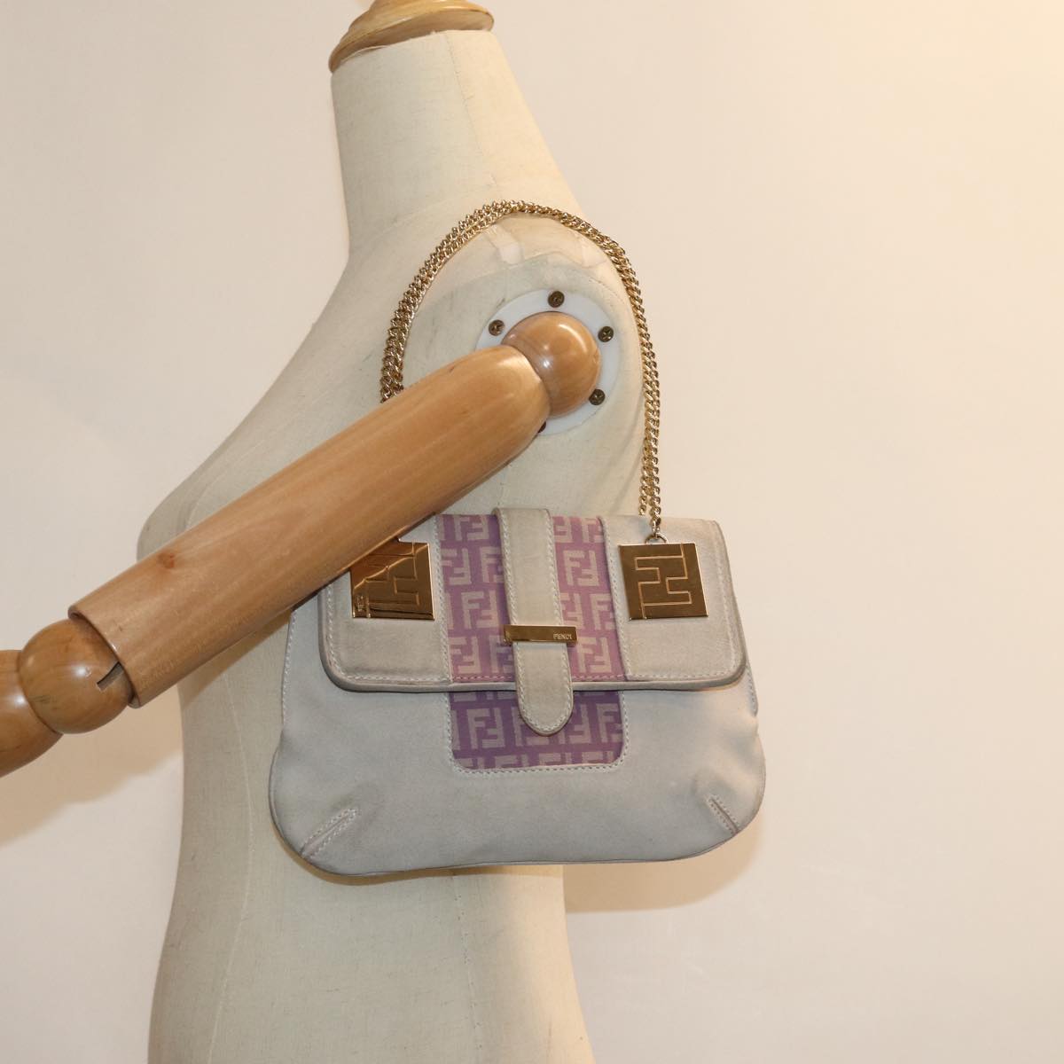 FENDI Zucchino Canvas Chain Hand Bag Suede Purpleam6453