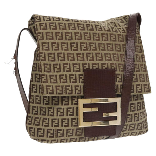 FENDI Zucchino Canvas Shoulder Bag Brown Goldam7306