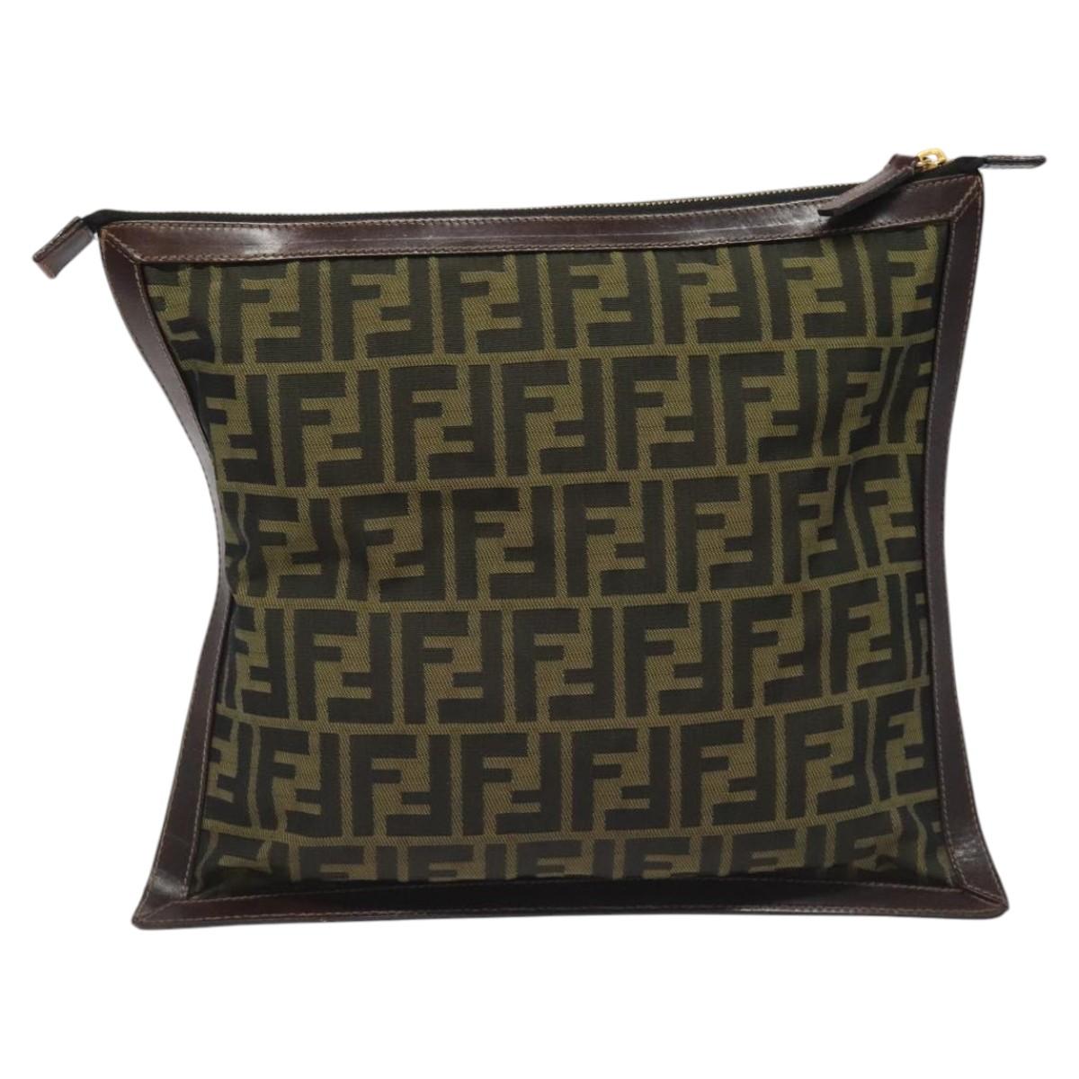 FENDI Zucca Canvas Clutch Bag Brown Black goldam7688