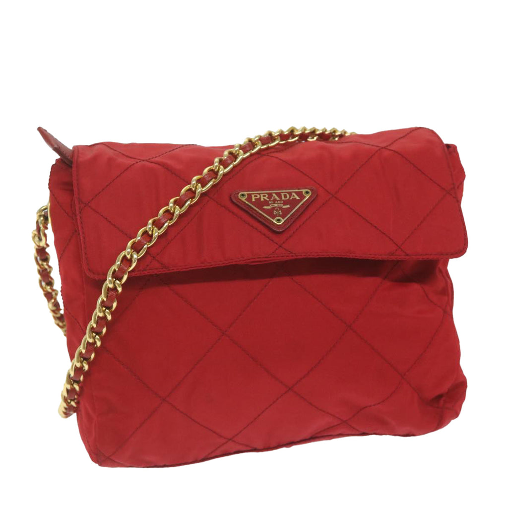PRADA Quilted Chain Shoulder Bag Nylon Red  ar11217