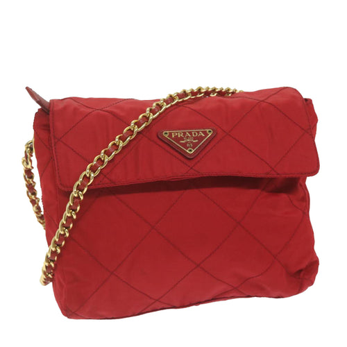 PRADA Quilted Chain Shoulder Bag Nylon Red  ar11217