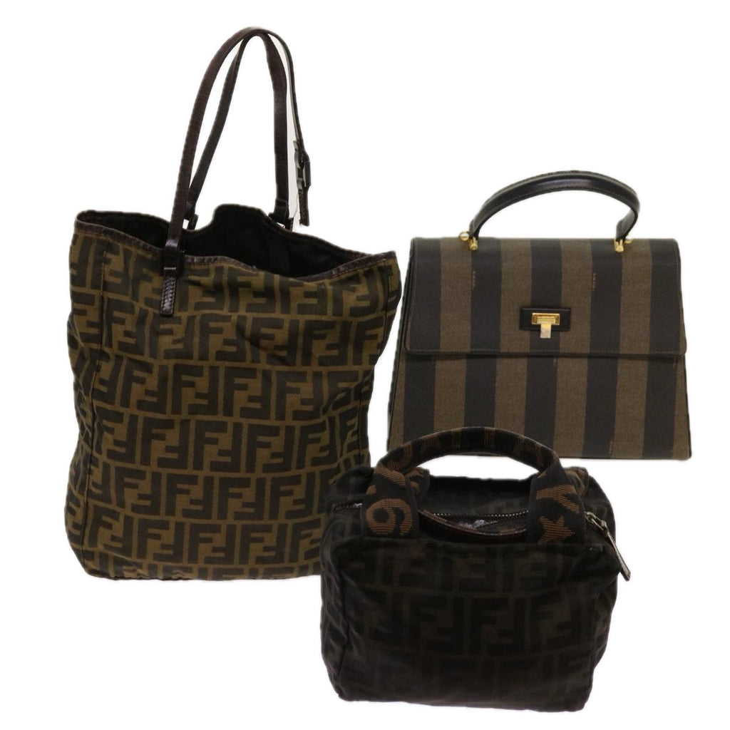 FENDI Zucca Pecan Canvas Hand Bag Nylon 3Set Brown Blackar11235