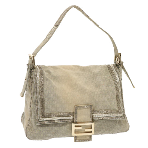 FENDI Zucchino Canvas Beads Mamma Baguette Shoulder Bag Grayar11697