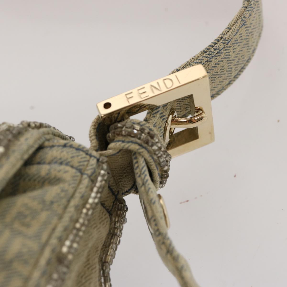 FENDI Zucchino Canvas Beads Mamma Baguette Shoulder Bag Grayar11697