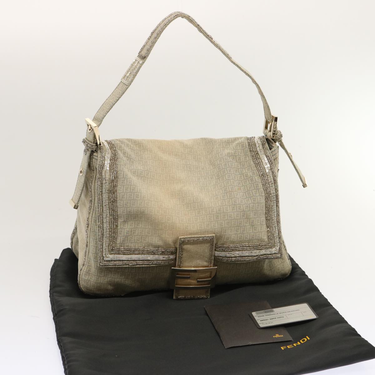 FENDI Zucchino Canvas Beads Mamma Baguette Shoulder Bag Grayar11697