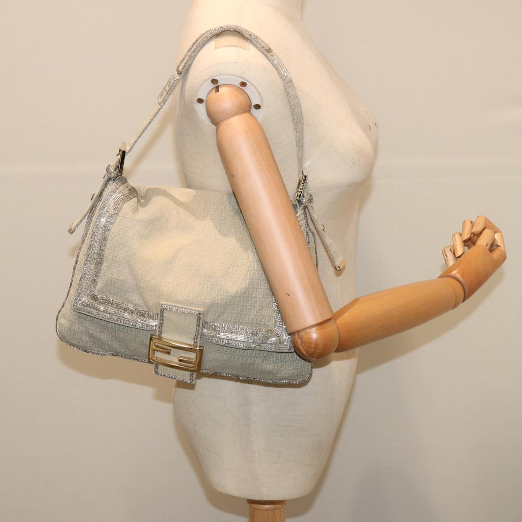 FENDI Zucchino Canvas Beads Mamma Baguette Shoulder Bag Grayar11697