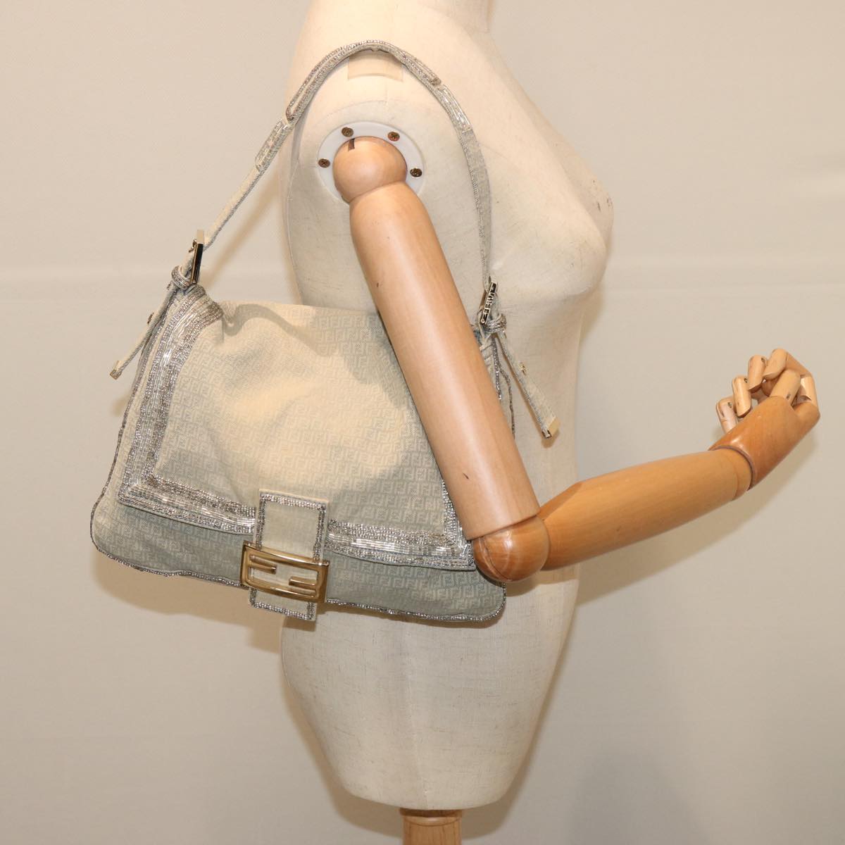 FENDI Zucchino Canvas Beads Mamma Baguette Shoulder Bag Grayar11697