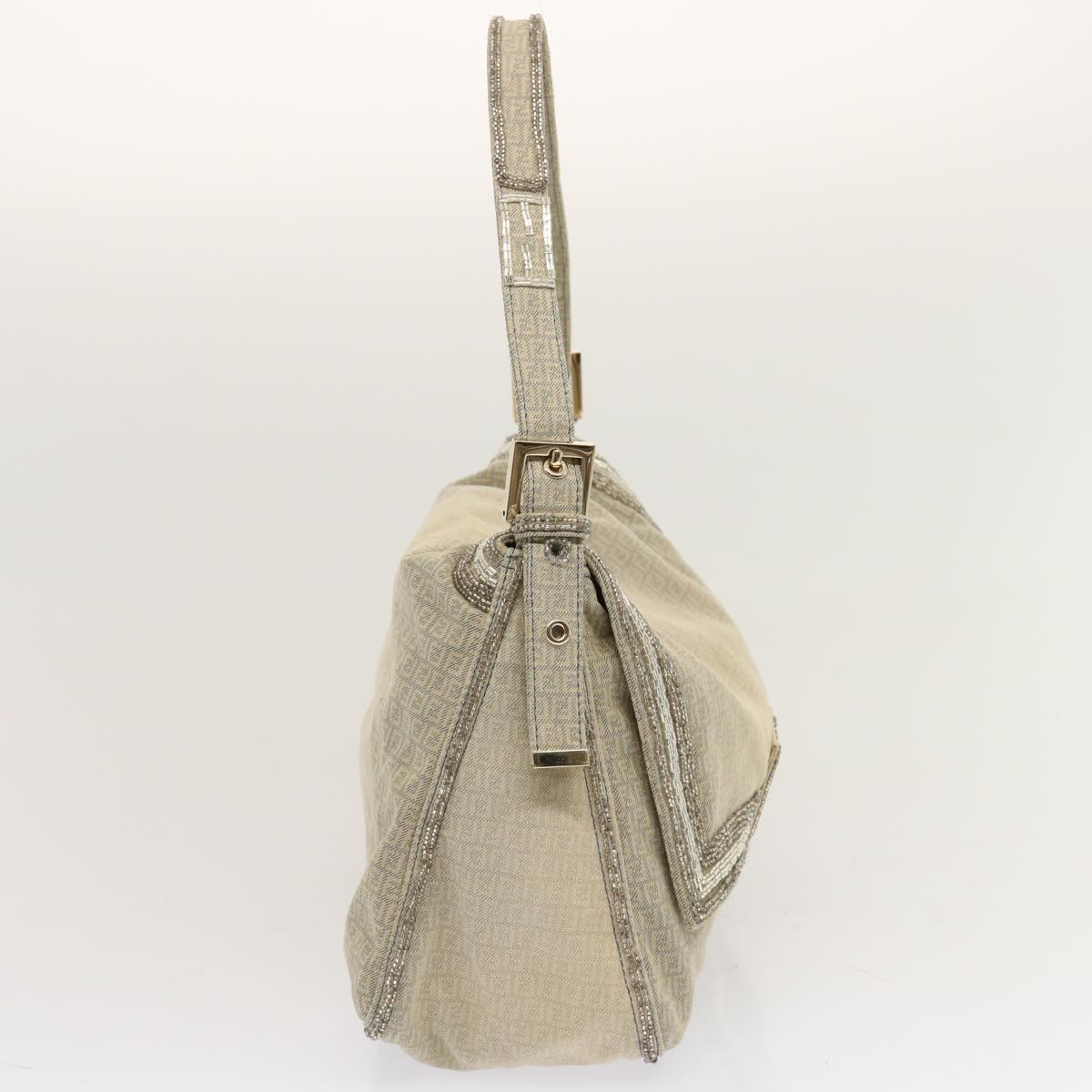 FENDI Zucchino Canvas Beads Mamma Baguette Shoulder Bag Grayar11697