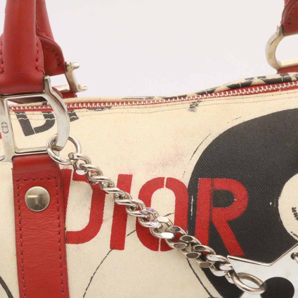 CHRISTIAN DIOR Pop Line Hand Bag Canvas White Red Auth ar4800
