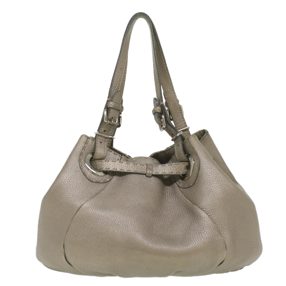 FENDI Celeria Tote Bag Leather Silver Auth ar8876