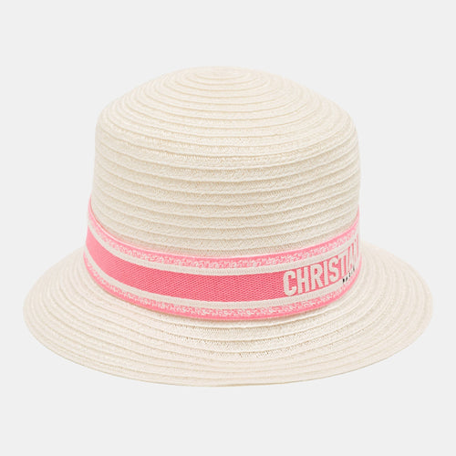Dior Ivory/Pink Logo Detail Hemp Straw Dioresort Hat Size 58