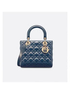 Lady Glossy Cannage Medium Calfskin Tote Bag Blue Dior