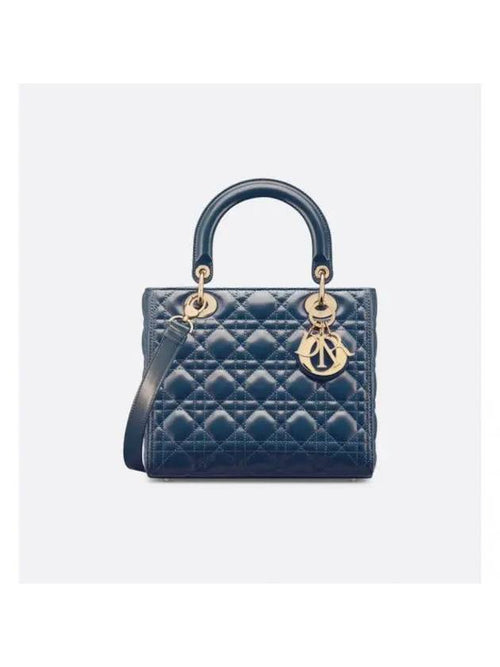 Lady Glossy Cannage Medium Calfskin Tote Bag Blue Dior