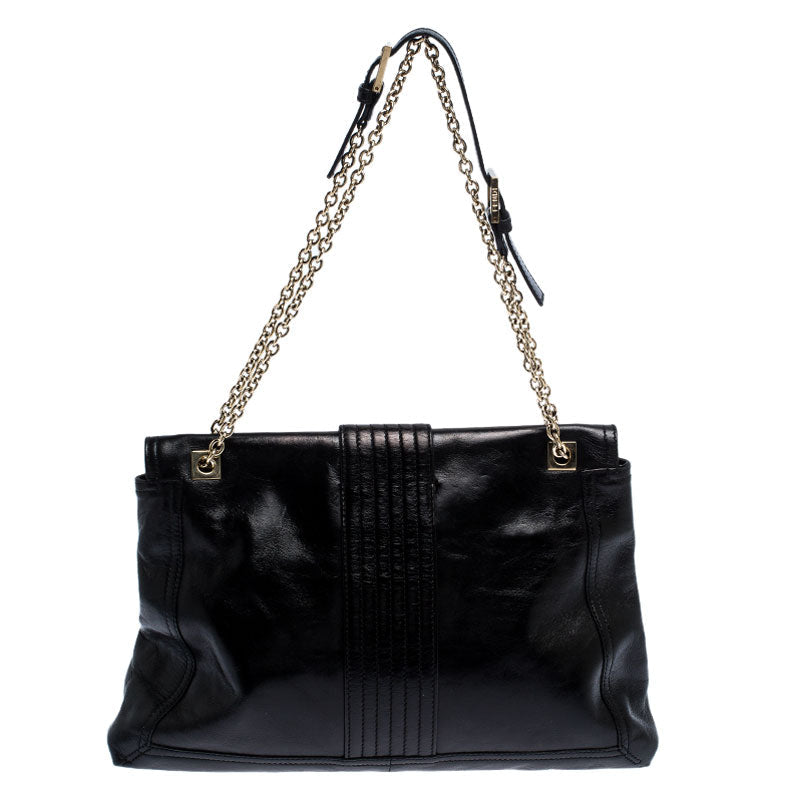 Fendi Black Leather Maxi Baguette Flap Shoulder Bag