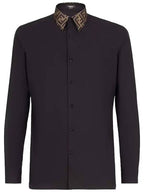 Fendi FF Jacquard Collar Slim Fit Poplin Long Sleeve Shirt Black