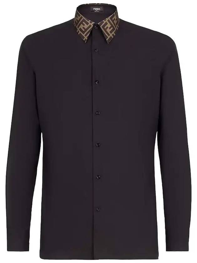 Fendi FF Jacquard Collar Slim Fit Poplin Long Sleeve Shirt Black