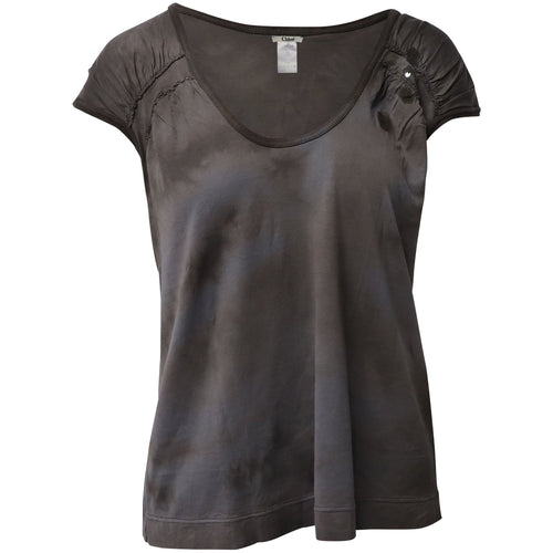 Chloe Tie-Dye T-shirt with Flower Embellishment in Grey Cotton