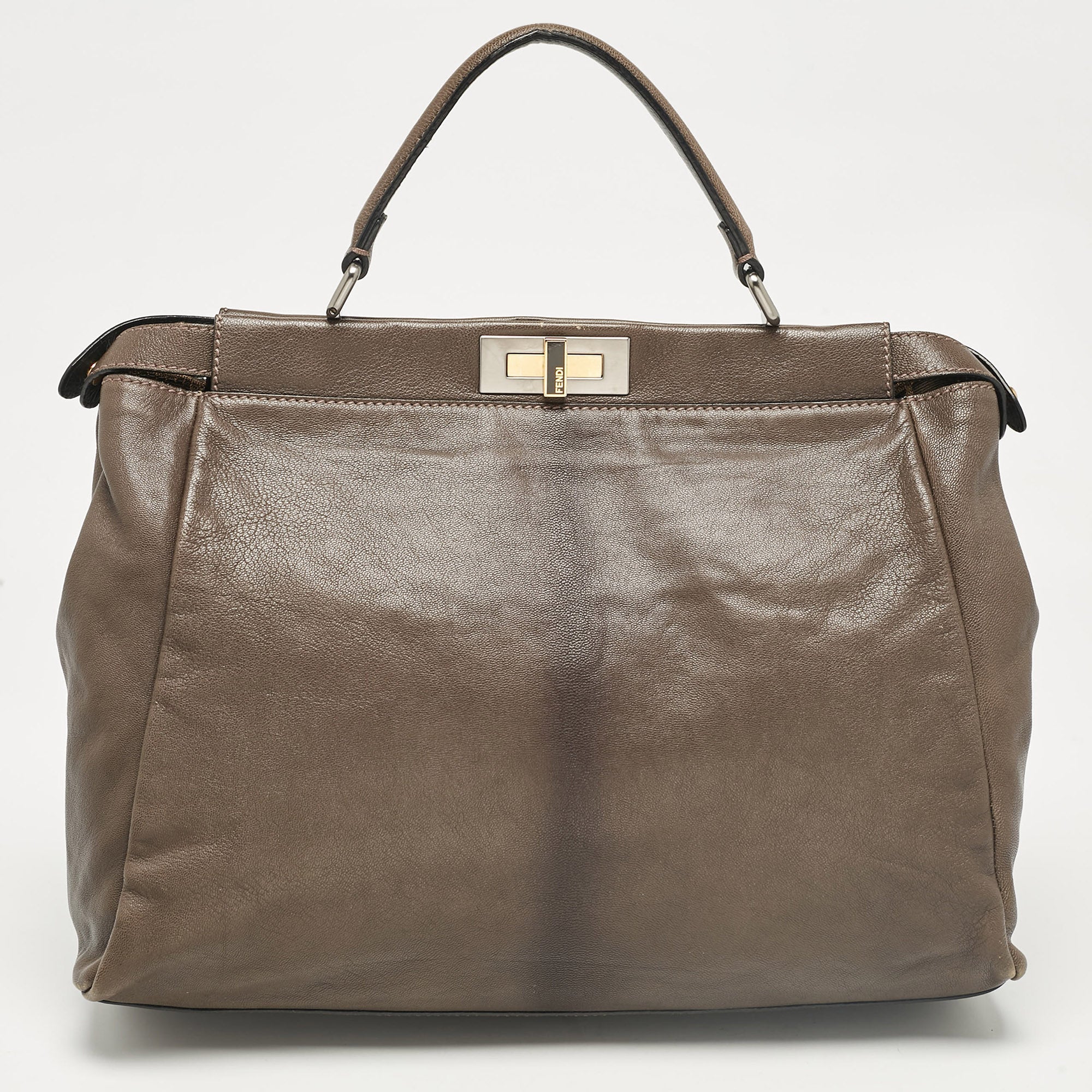 Fendi Grey Leather Large Peekaboo Top Handle Bag