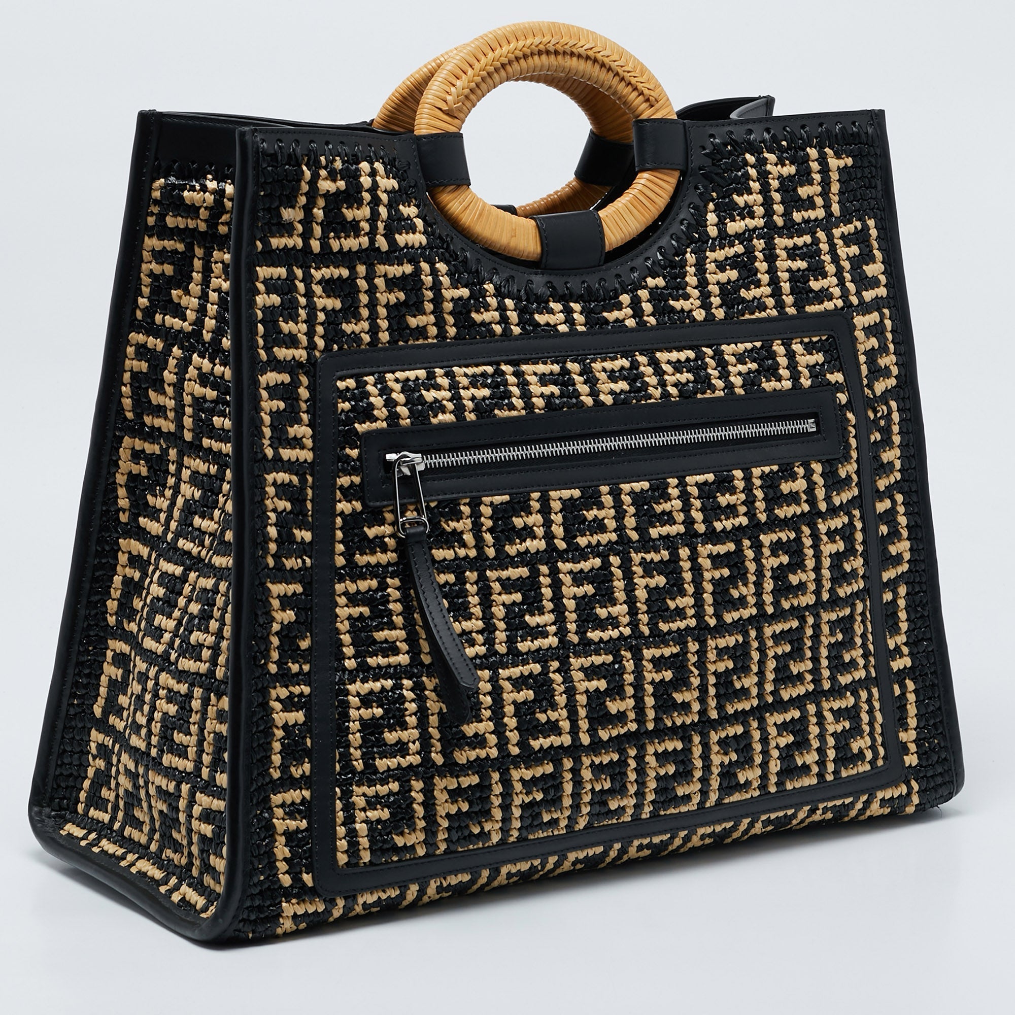 Fendi Black/natural Ff Raffia And Leather Large Runaway Shopper Tote