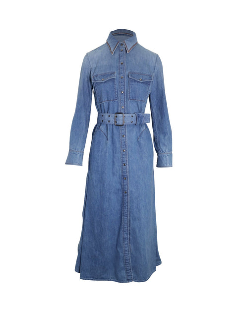 Chloe Belted Midi Shirt Dress in Blue Cotton Denim