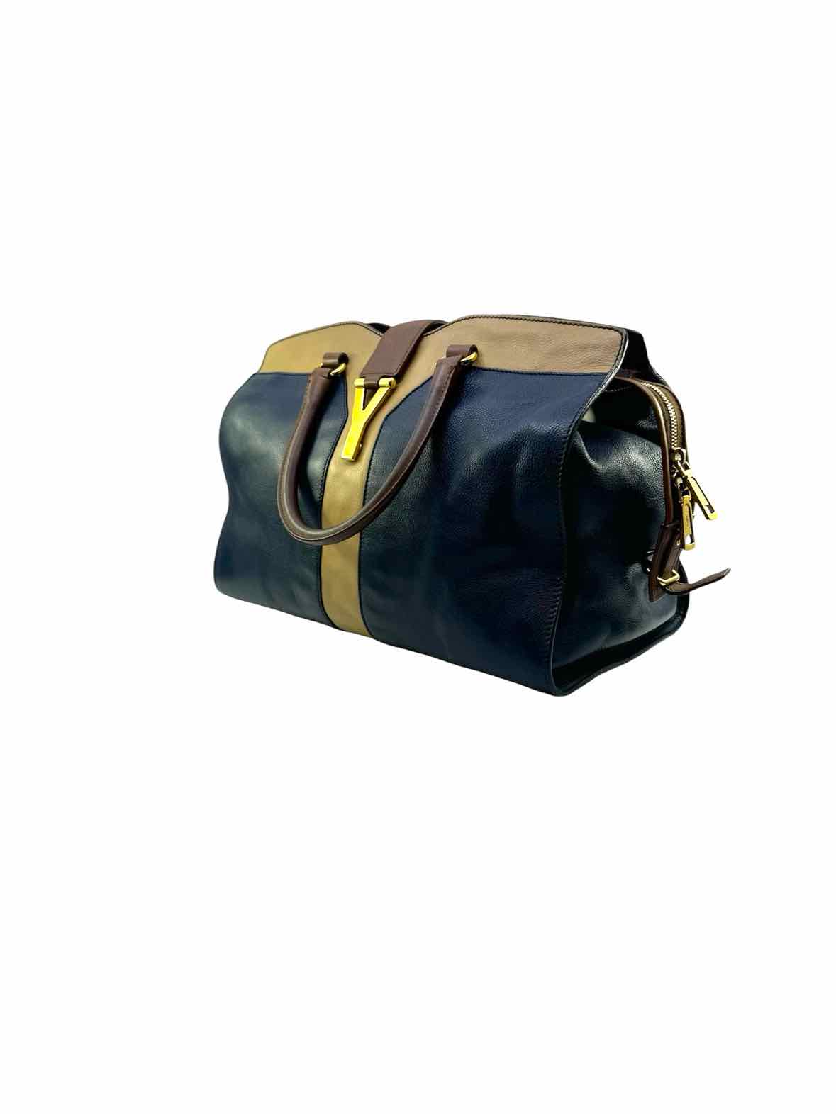 YVES SAINT LAURENT Cabas Handbag Navy, Beige Leather Solid Handbag