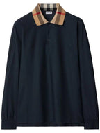 Burberry Check Collar Cotton Pique Long Sleeve Polo Shirt Smoke Navy