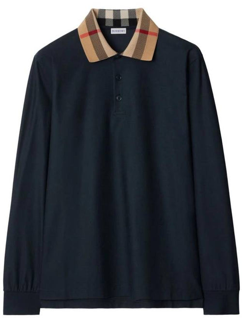 Burberry Check Collar Cotton Pique Long Sleeve Polo Shirt Smoke Navy