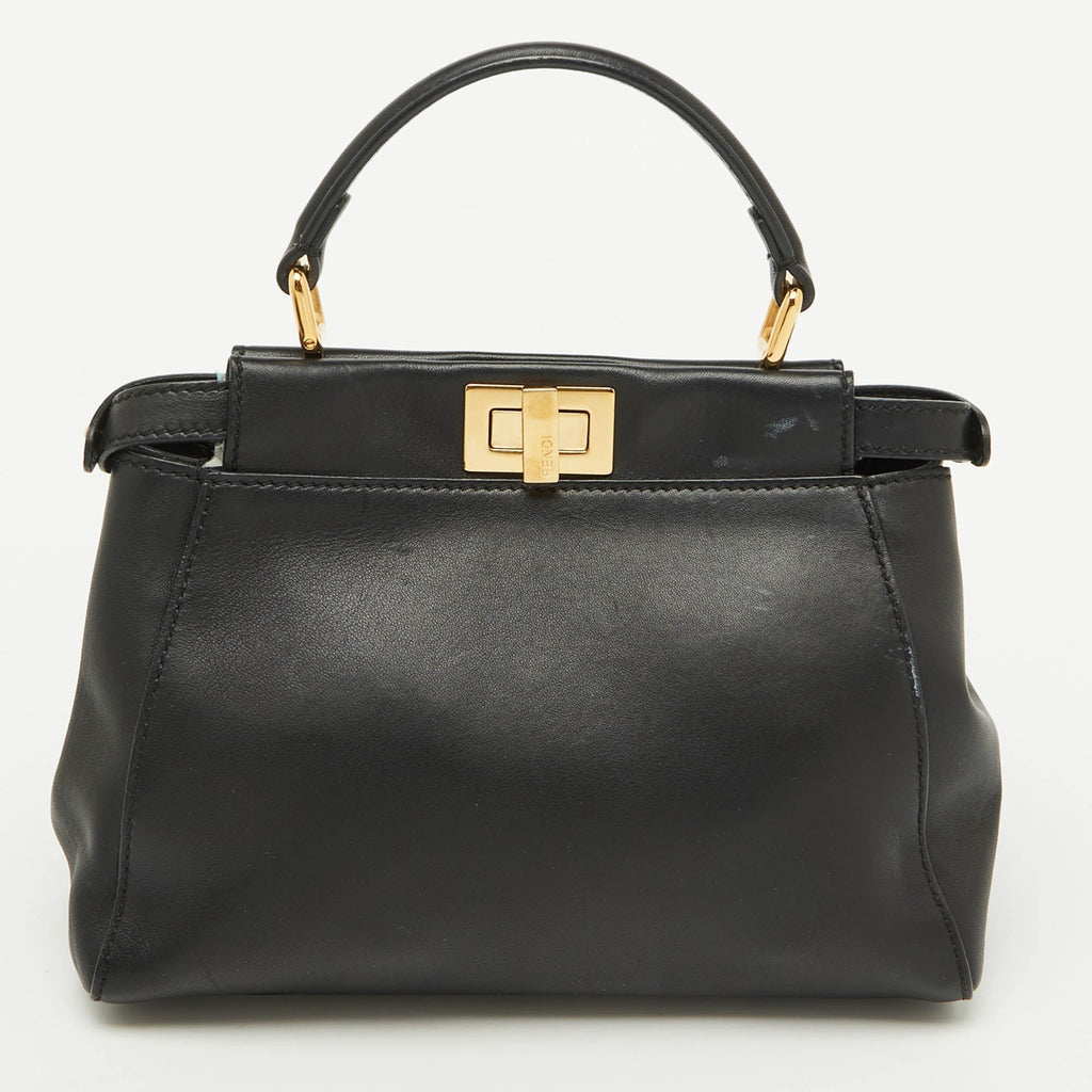 Fendi Black Leather And Calf Hair Studs Mini Peekaboo Top Handle Bag