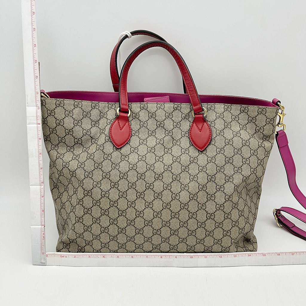 GUCCI Soft GG Supreme Monogram Medium Crossbody Tote Beige Hibiscus Red New Rosette LA19445