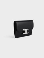 CELINE Triomphe Shiny Calfskin Flap Card Wallet Silver Black