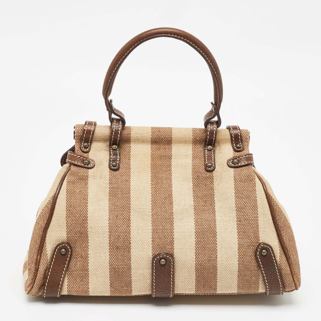 Fendi Brown/beige Stripe Canvas And Leather Magic Top Handle Bag
