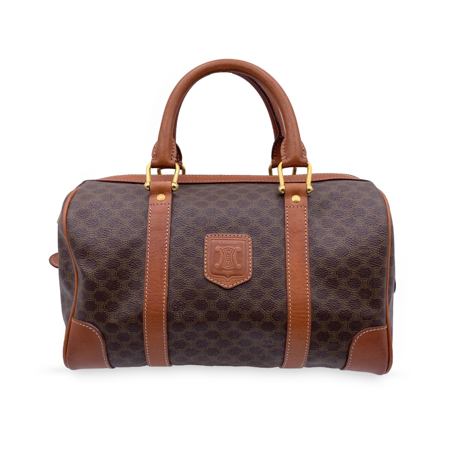 CELINE Vintage Brown Macadam Canvas Boston Bag Duffel Duffle