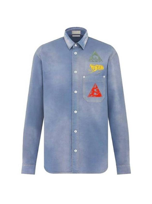 Astro Embroidered Patch Denim Long Sleeve Shirt Light Blue Dior