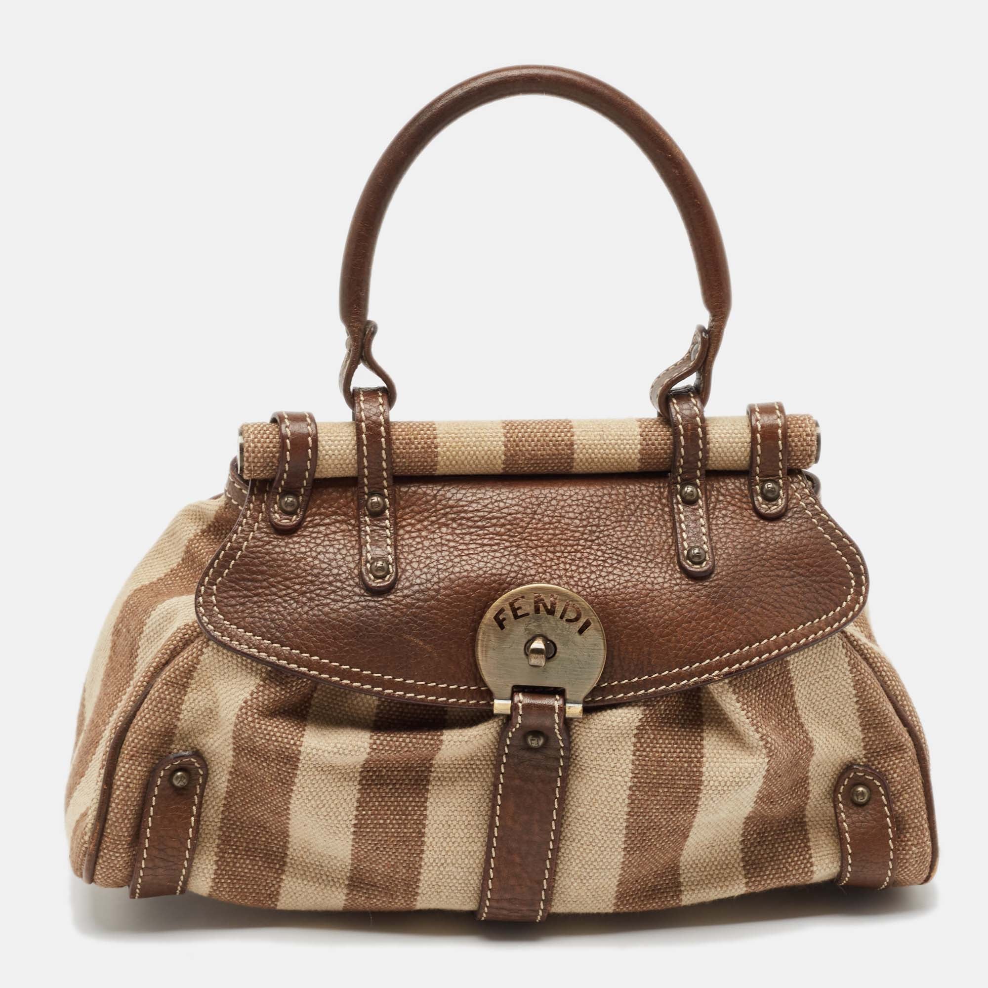 Fendi Brown/beige Stripe Canvas And Leather Magic Top Handle Bag