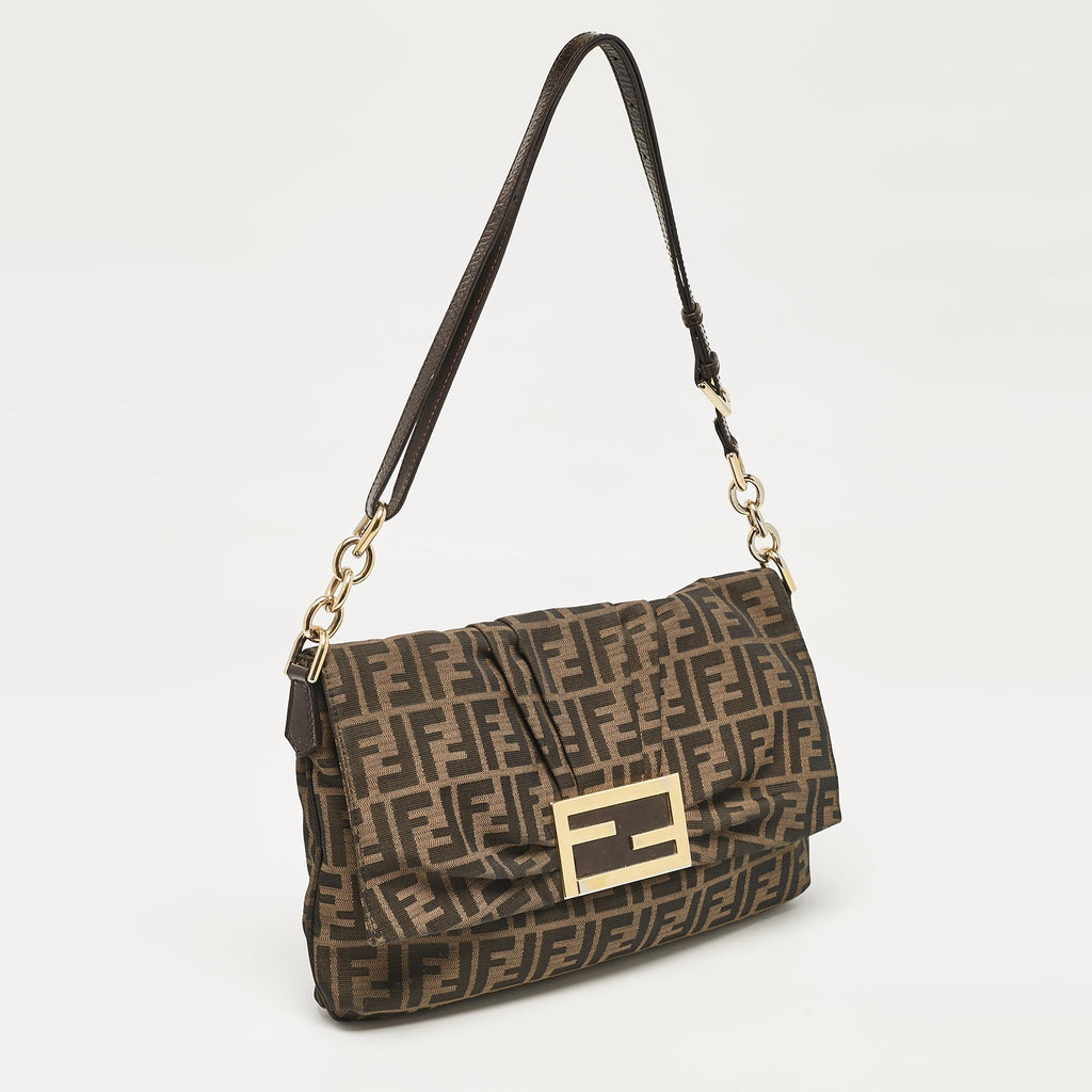 Fendi Zucca Canvas And Patent Leather Mia Flap Shoulder Bag