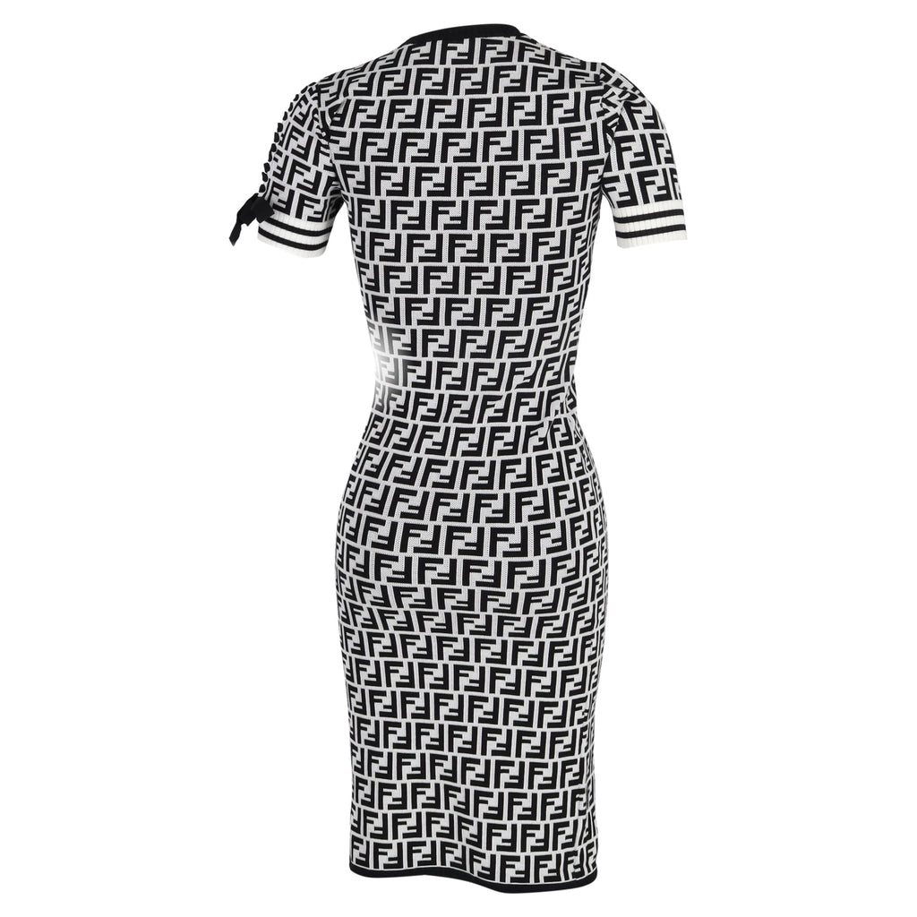 Fendi Zucca Printed Midi crewneck Fitted Dress in Black and White Viscose