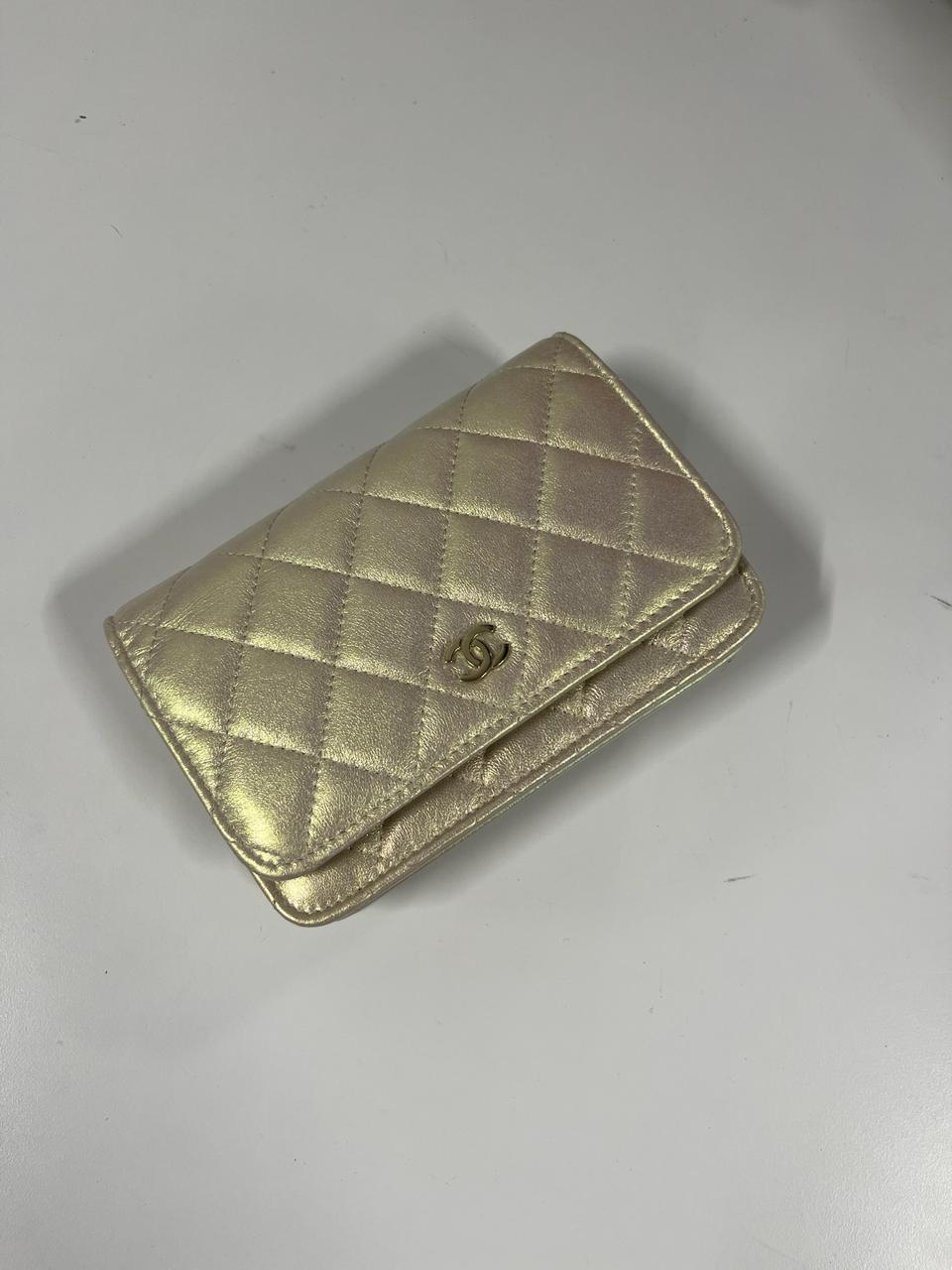 CHANEL - Ivory Iridescent Quilted Lambskin Mini Wallet on Chain