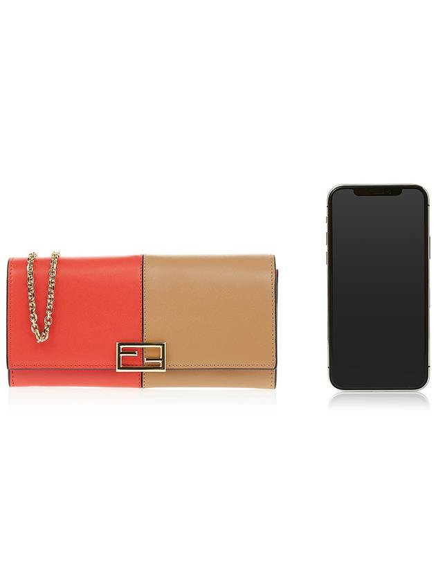 Fendi FF Continental Chain Leather Long Wallet Brown Red