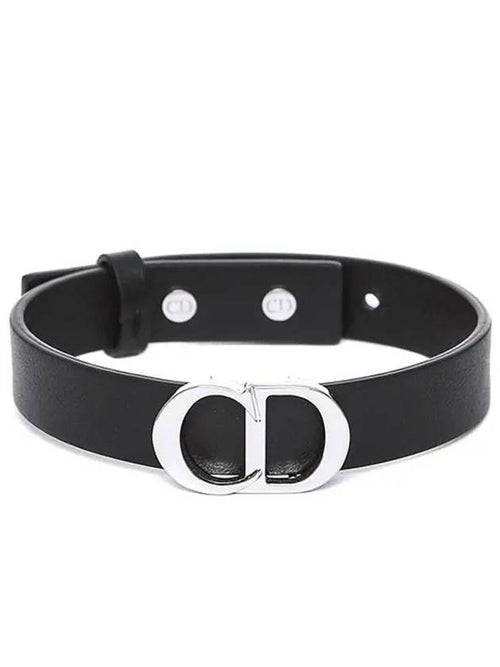Silver CD Icon Leather Bracelet Black Dior